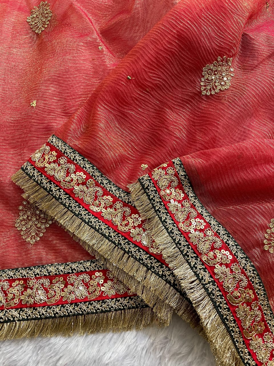 Prettiest Red Cursh Silk Saree With Mellifluous Blouse Piece