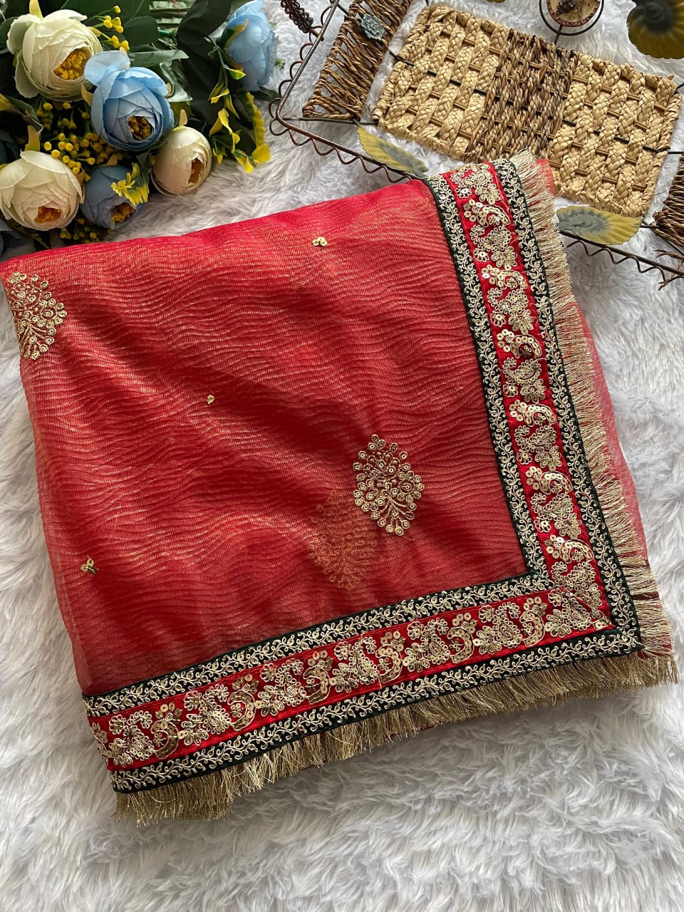 Prettiest Red Cursh Silk Saree With Mellifluous Blouse Piece