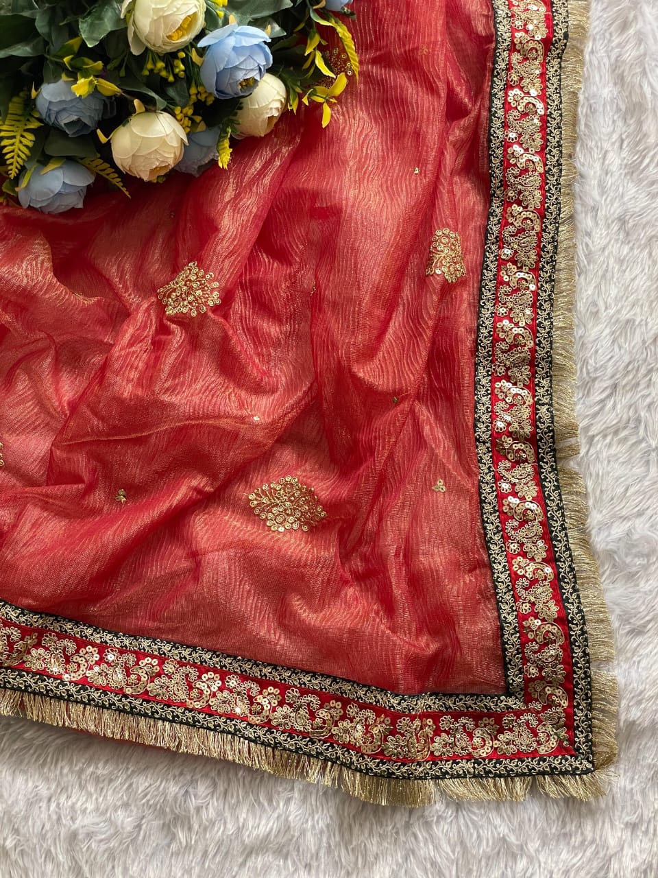 Prettiest Red Cursh Silk Saree With Mellifluous Blouse Piece