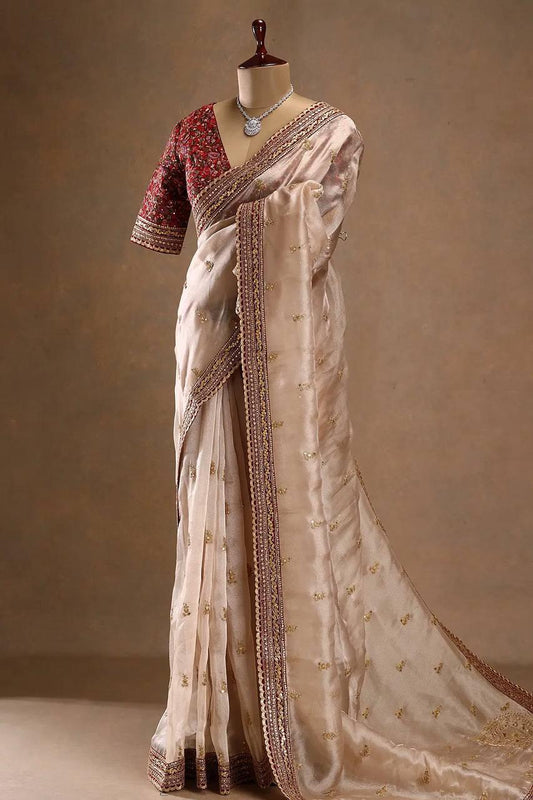 Fantabulous Beige Jimmy Choo Silk Saree With Posh Blouse Piece