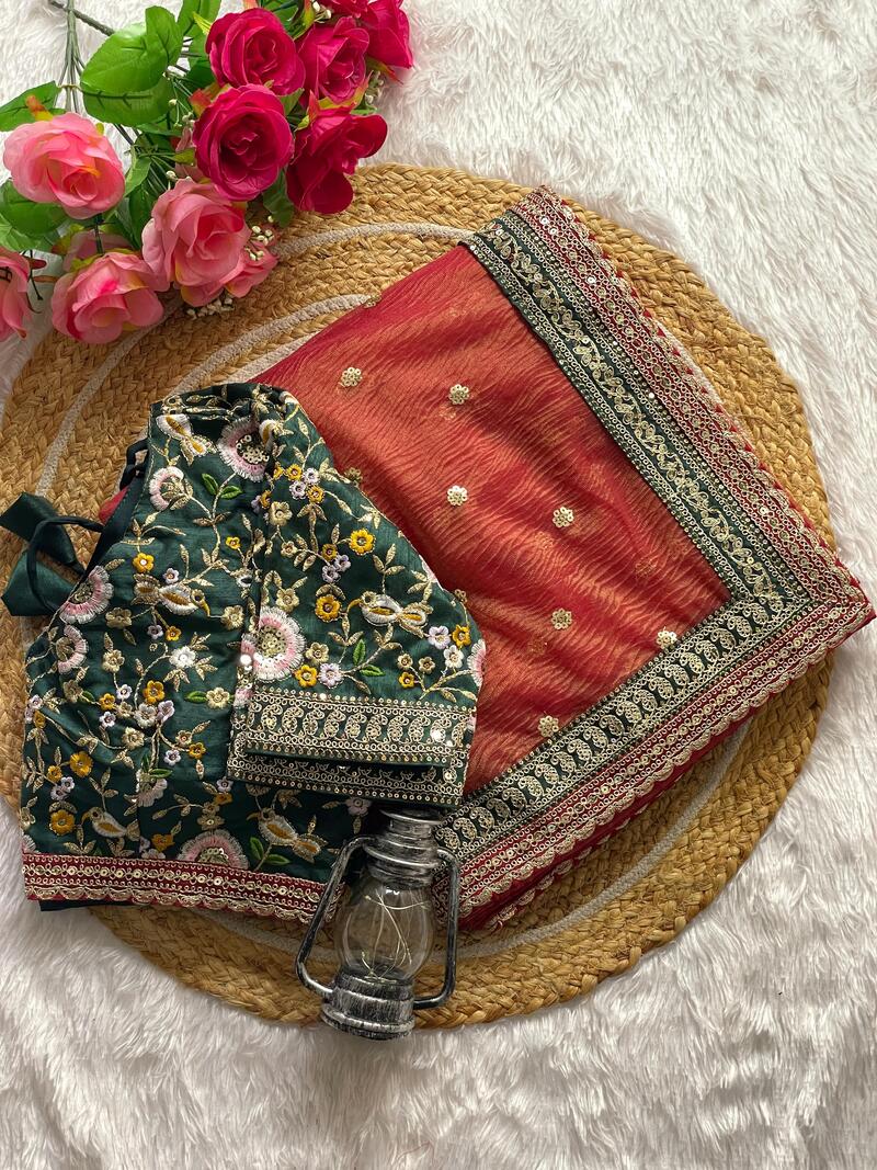 Chatoyant Red Cursh Silk Saree With Stunner Stitched Blouse