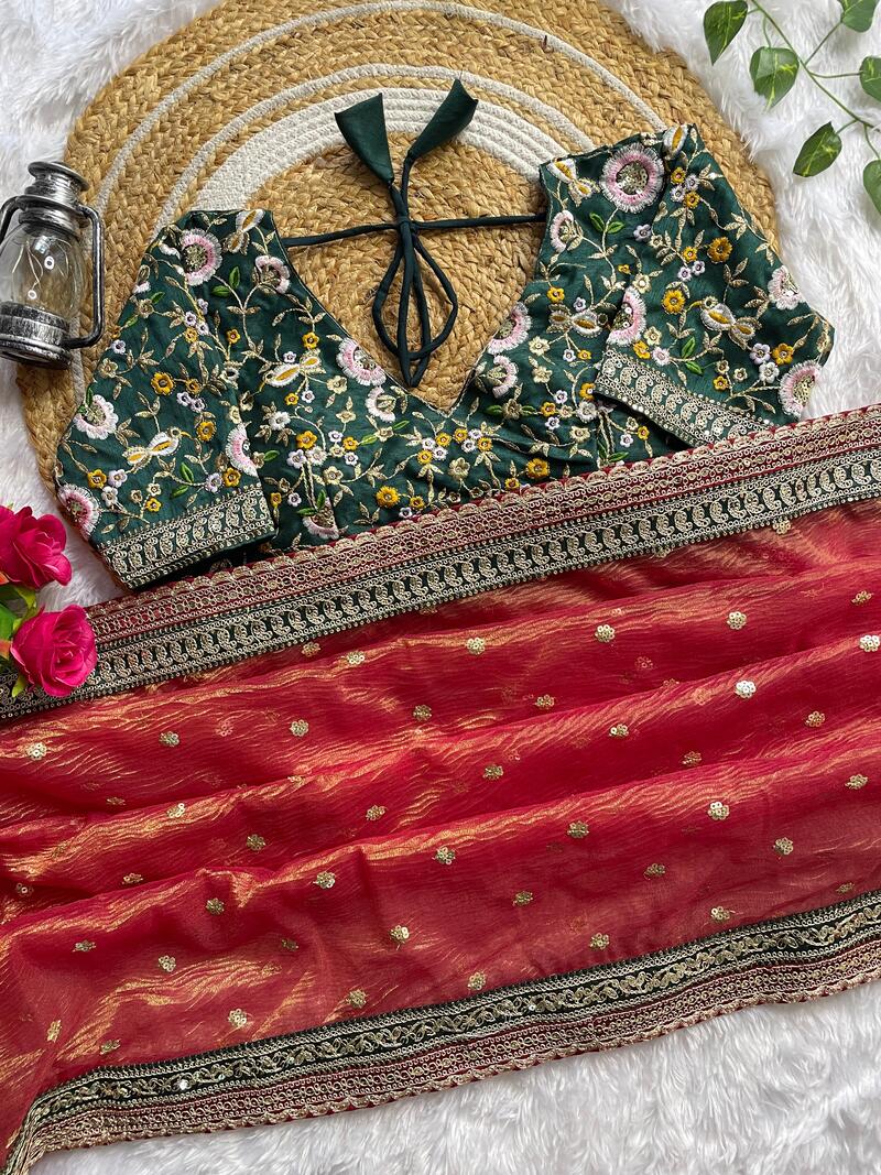 Chatoyant Red Cursh Silk Saree With Stunner Stitched Blouse