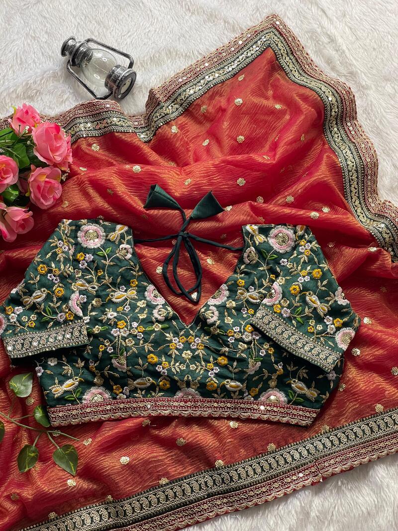 Chatoyant Red Cursh Silk Saree With Stunner Stitched Blouse