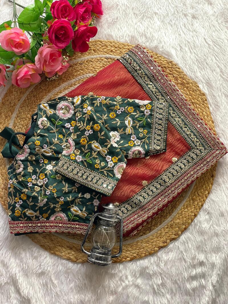 Chatoyant Red Cursh Silk Saree With Stunner Stitched Blouse