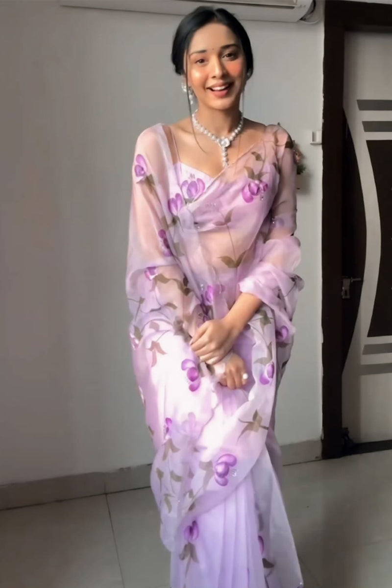 Exquisite 1-Minute Ready To Wear Lavender Organza Silk Saree