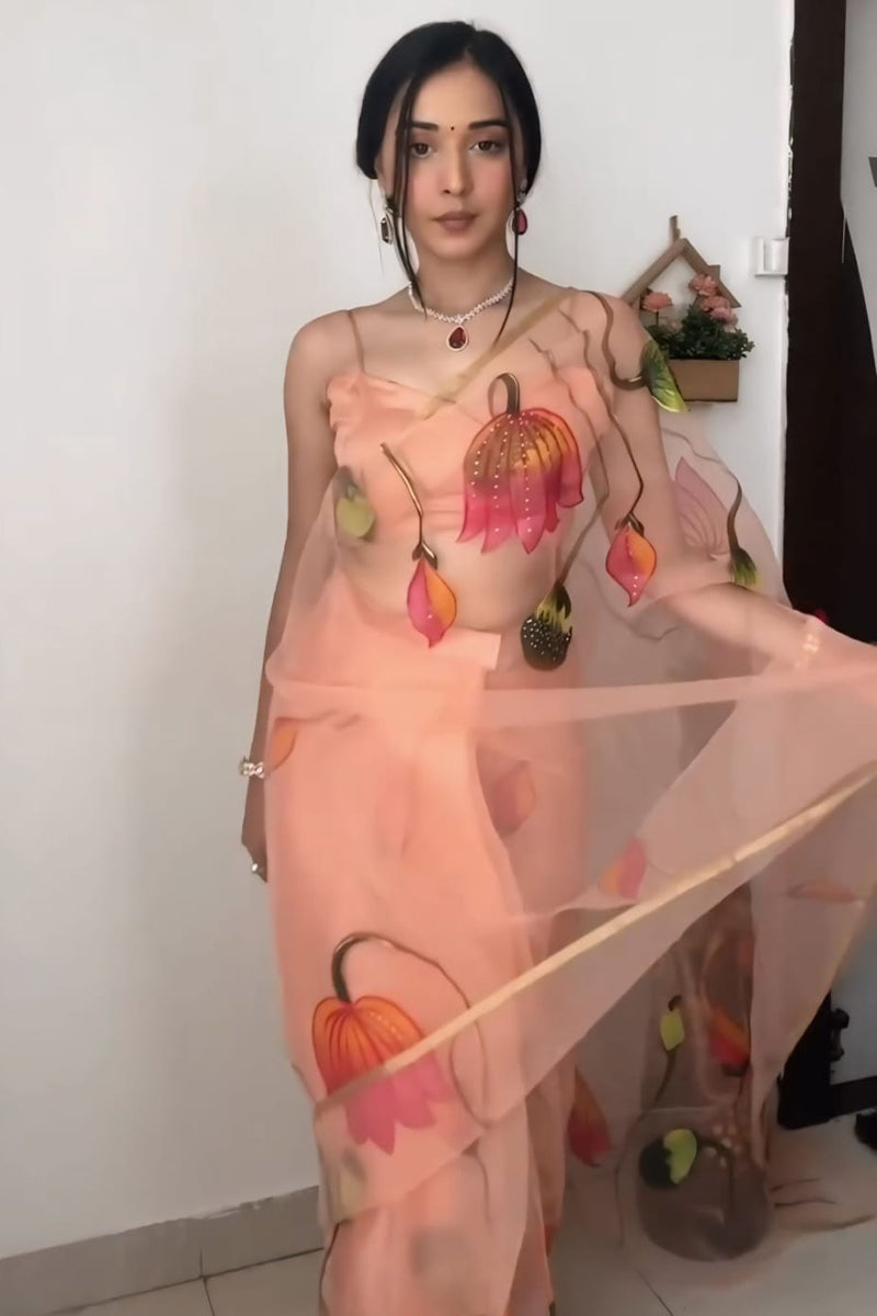 Imbrication 1-Minute Ready To Wear Peach Organza Silk Saree