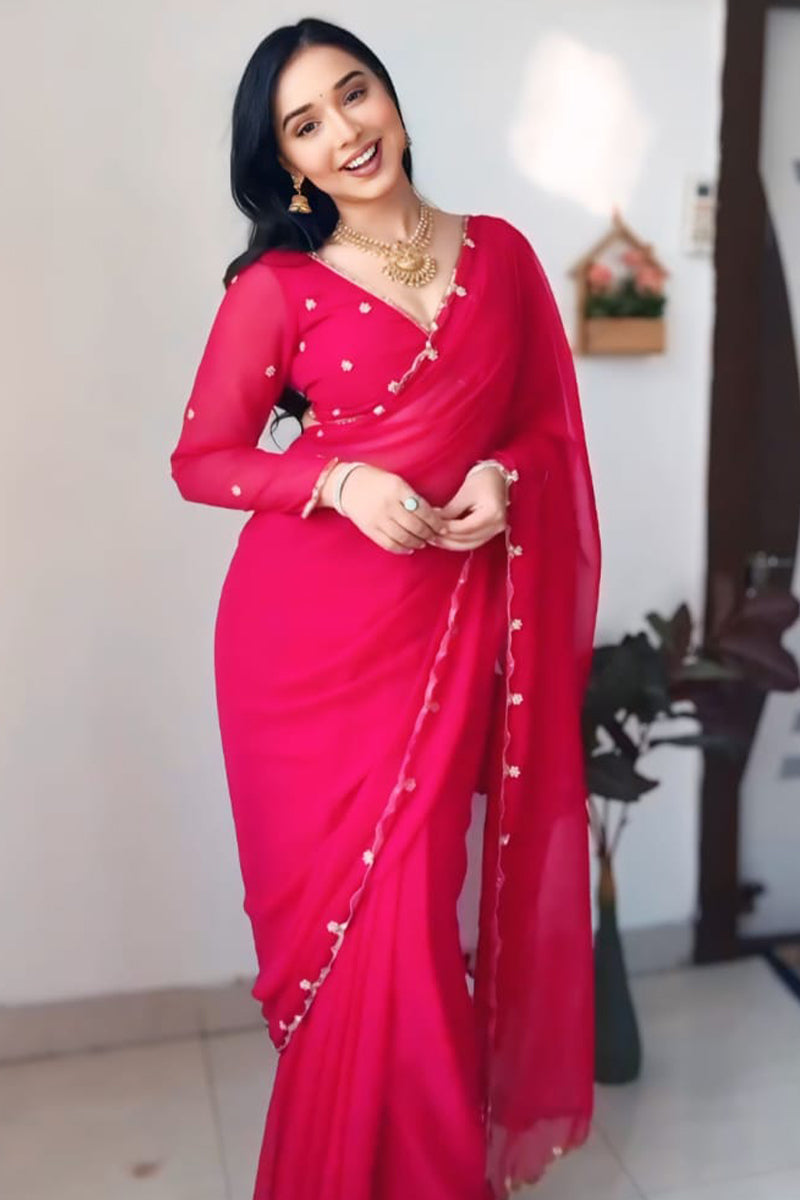 Luminous 1-Minute Ready To Wear Dark Pink Georgette Saree