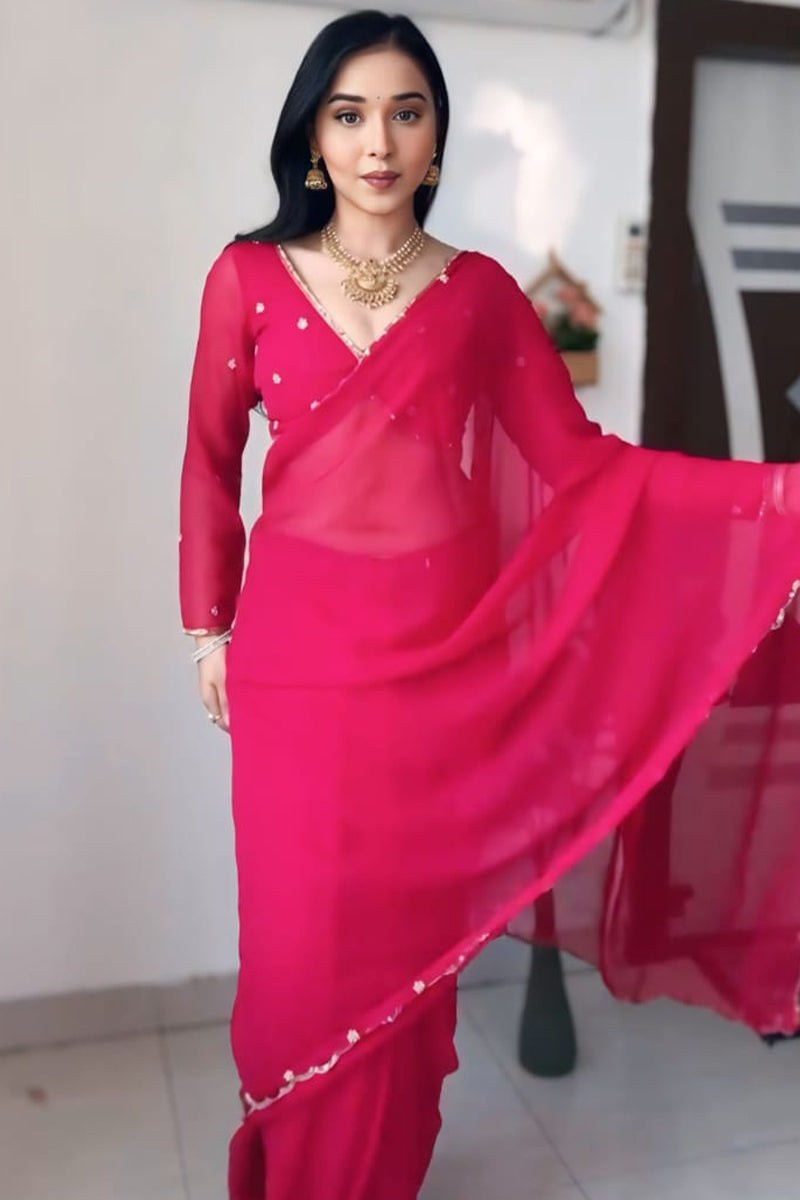Luminous 1-Minute Ready To Wear Dark Pink Georgette Saree