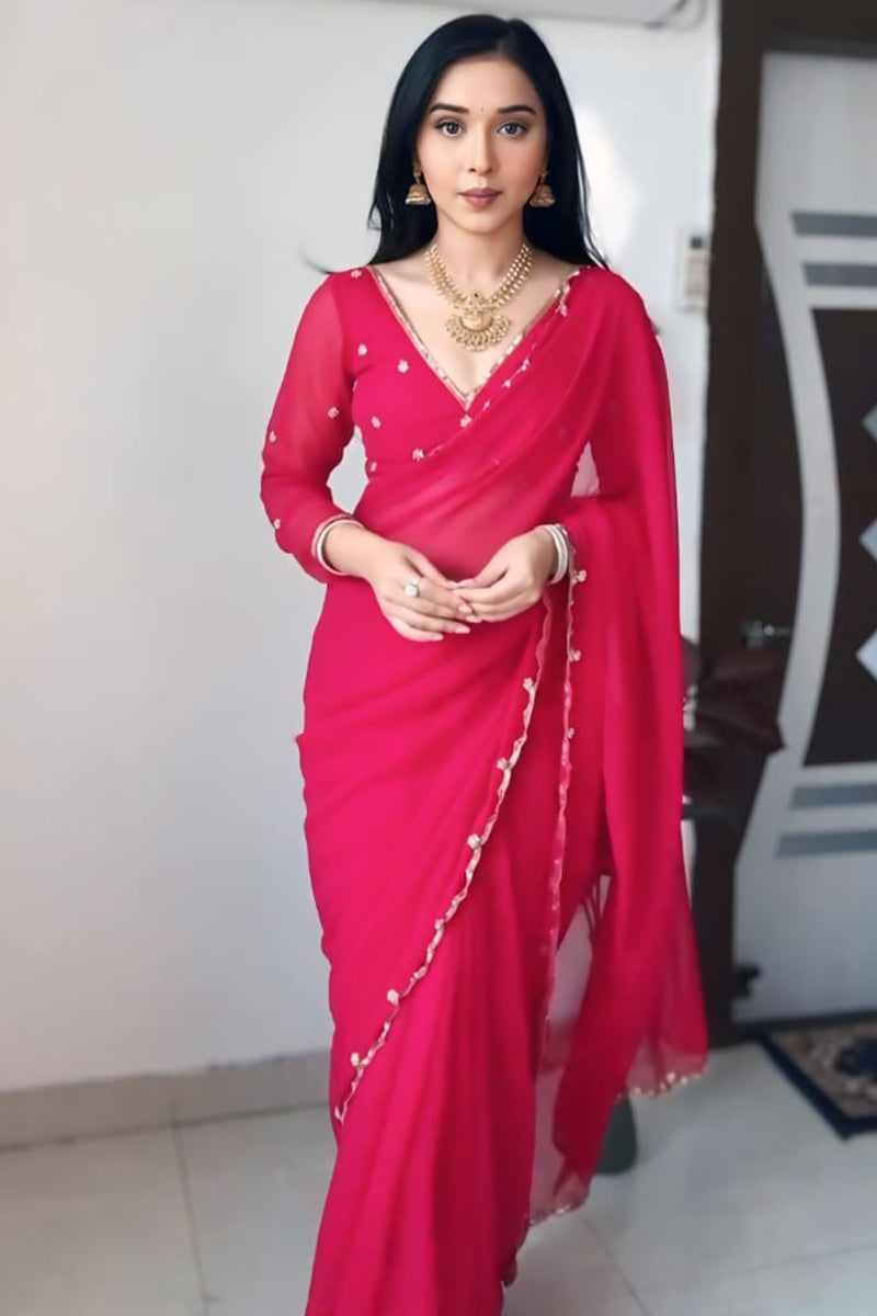 Luminous 1-Minute Ready To Wear Dark Pink Georgette Saree