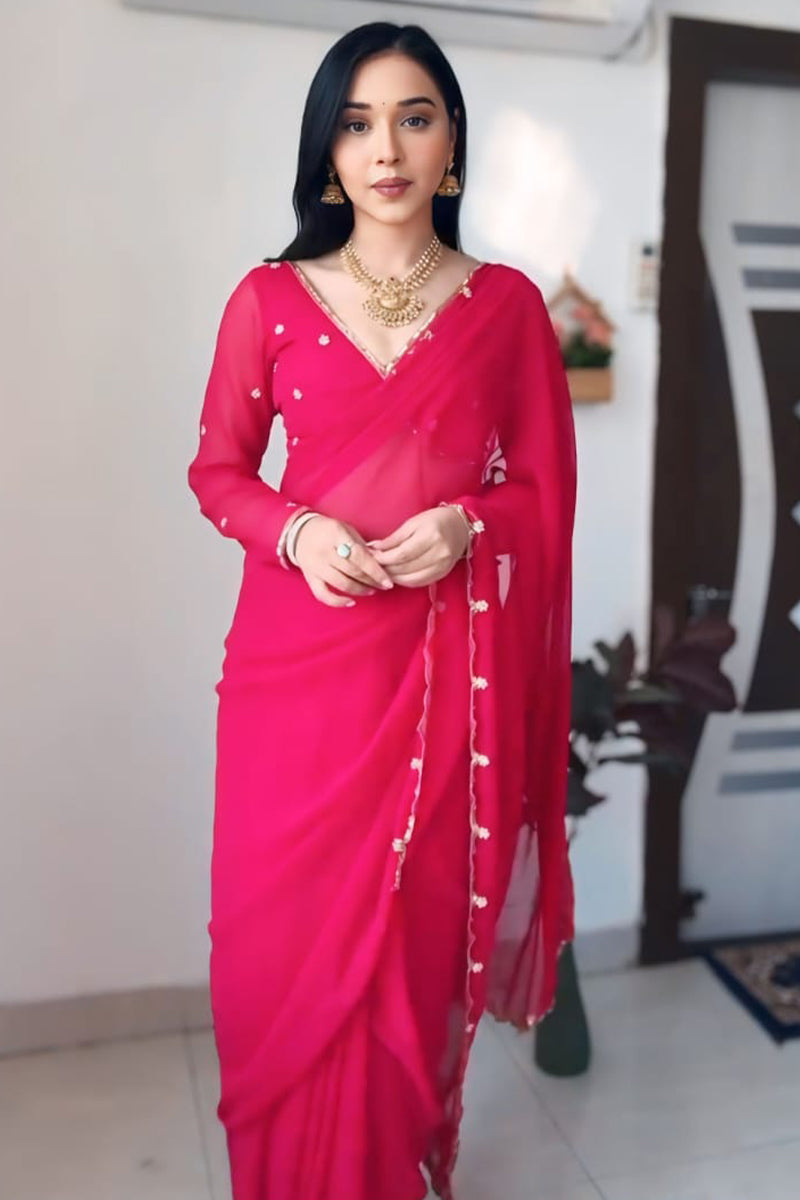 Luminous 1-Minute Ready To Wear Dark Pink Georgette Saree