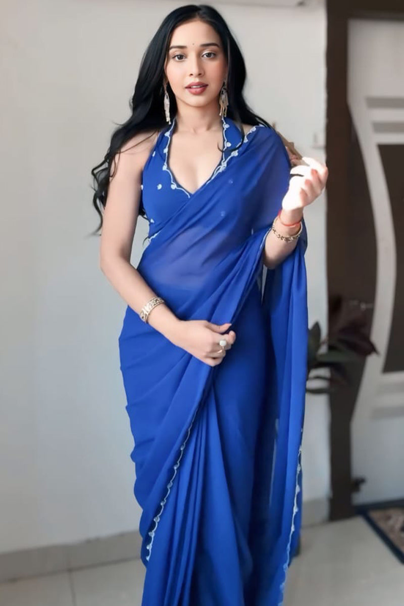 Seraphic 1-Minute Ready To Wear Royal Blue Georgette Saree