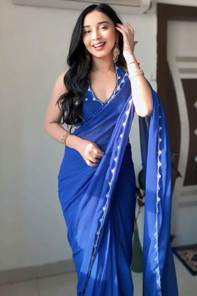 Seraphic 1-Minute Ready To Wear Royal Blue Georgette Saree