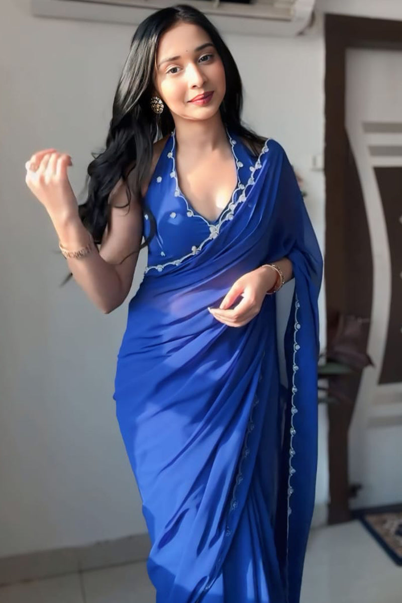 Seraphic 1-Minute Ready To Wear Royal Blue Georgette Saree