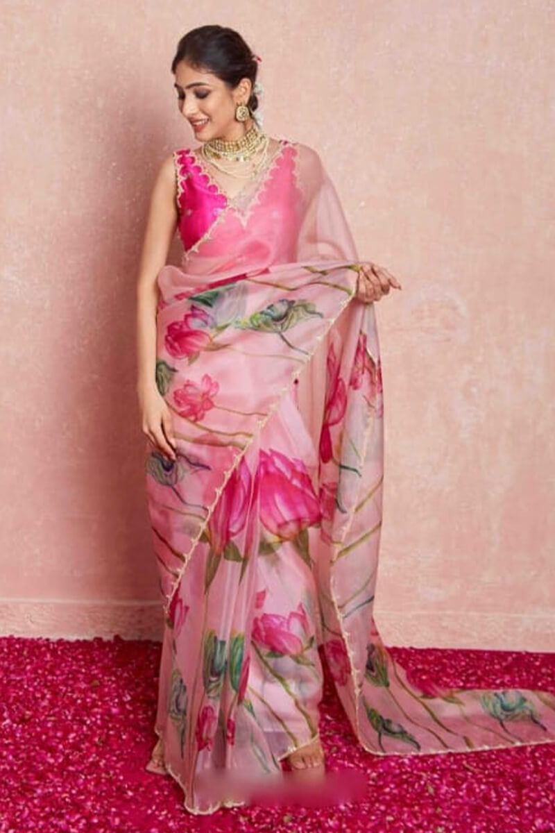 Refreshing 1-Minute Ready To Wear Baby Pink Organza Silk Saree