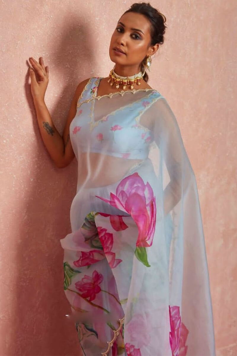 Opulent 1-Minute Ready To Wear Sky Organza Silk Saree