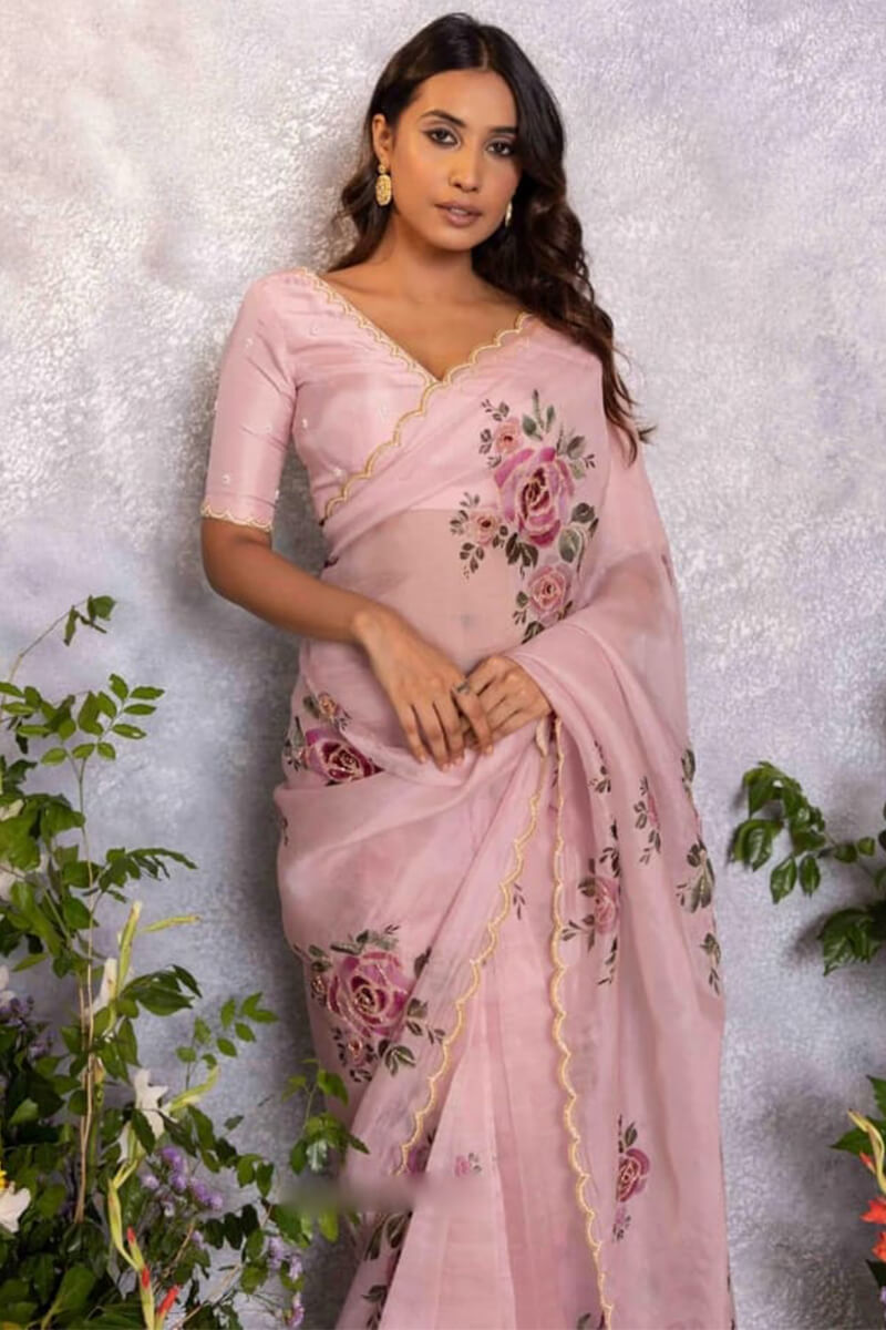 Precious 1-Minute Ready To Wear Baby Pink Organza Silk Saree