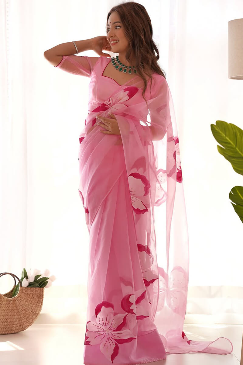 Enchanting 1-Minute Ready To Wear Pink Organza Silk Saree