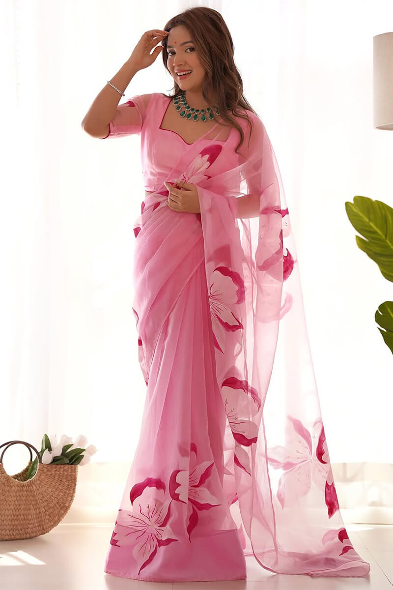 Enchanting 1-Minute Ready To Wear Pink Organza Silk Saree