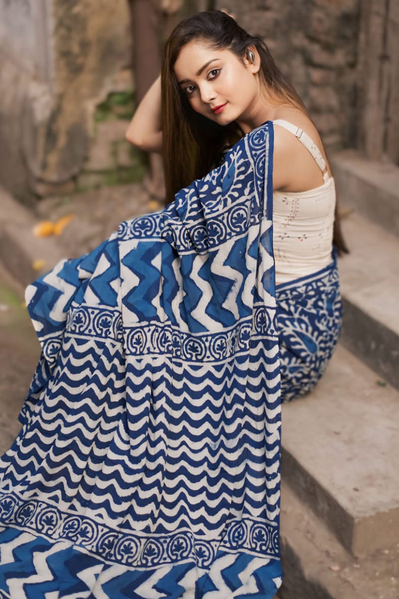 Ephemeral 1-Minute Ready To Wear Blue Cotton Saree