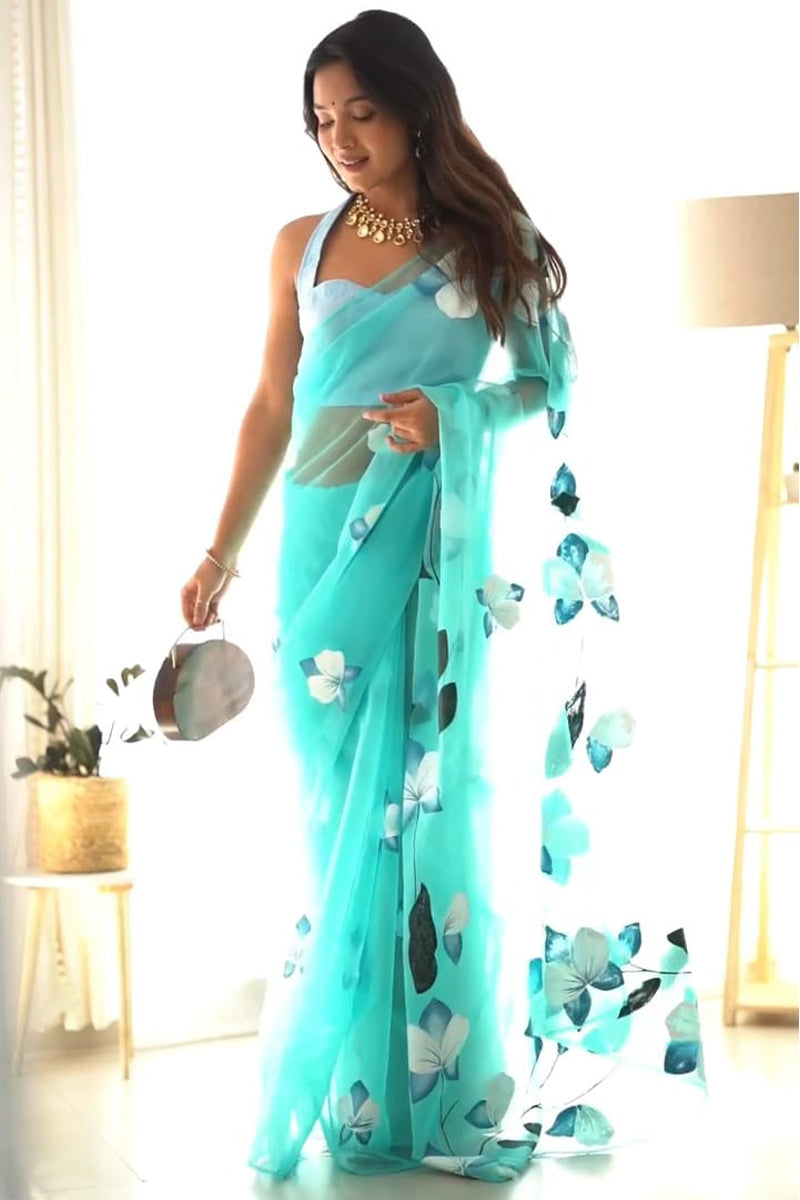 Tremendous 1-Minute Ready To Wear Sky Organza Silk Saree