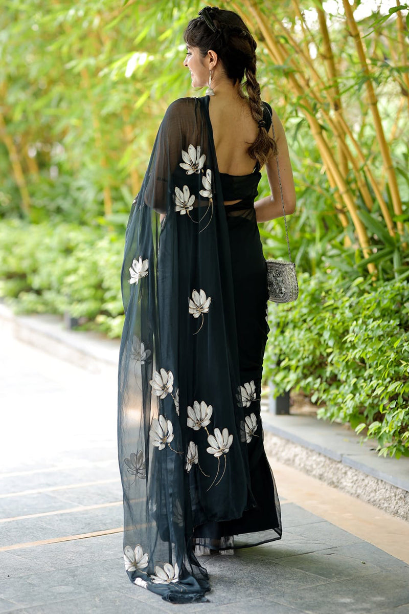 Tempting 1-Minute Ready To Wear Black Georgette Saree