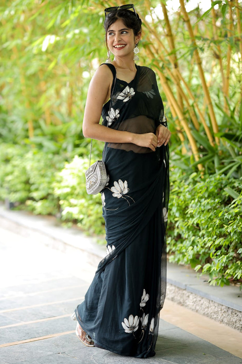 Tempting 1-Minute Ready To Wear Black Georgette Saree