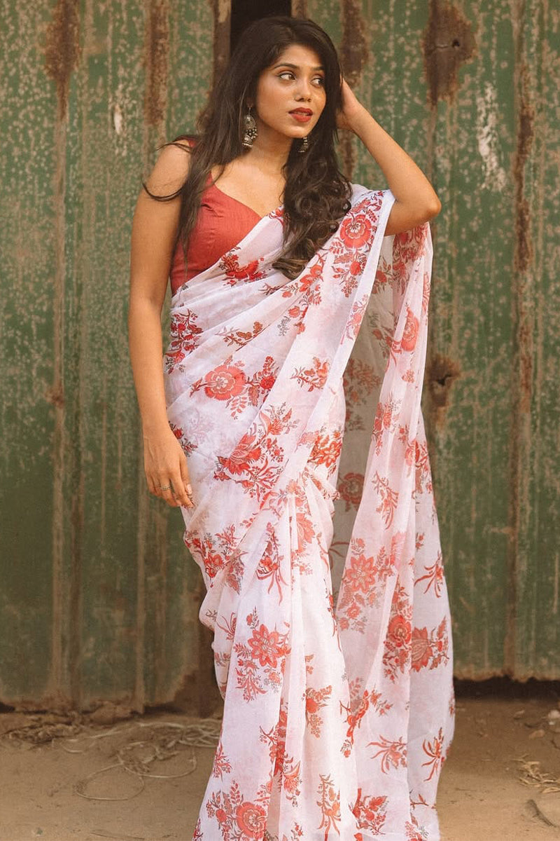 Vibrant 1-Minute Ready To Wear Off White Georgette Saree