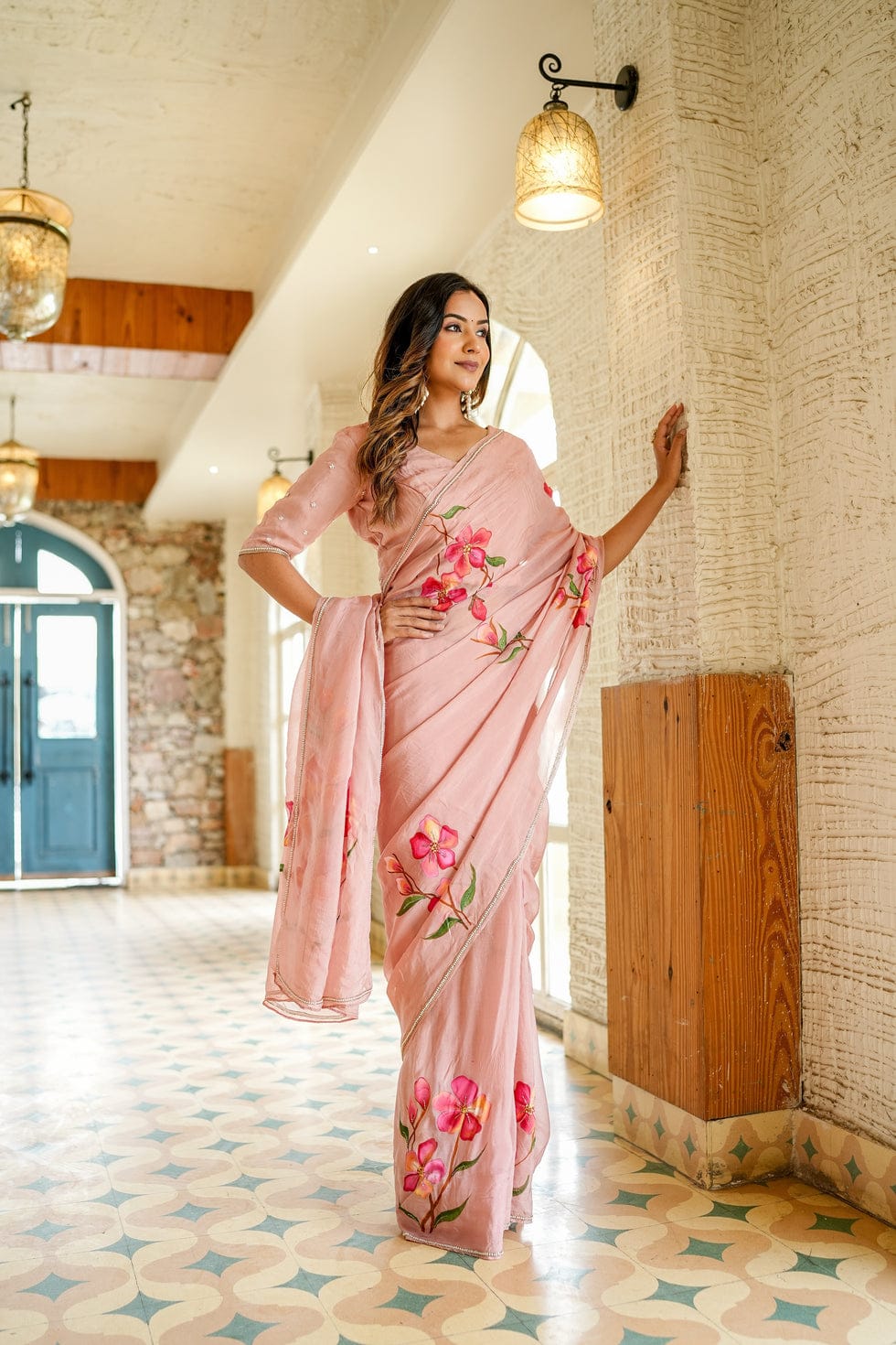 Moiety 1-Minute Ready To Wear Peach Georgette Silk Saree