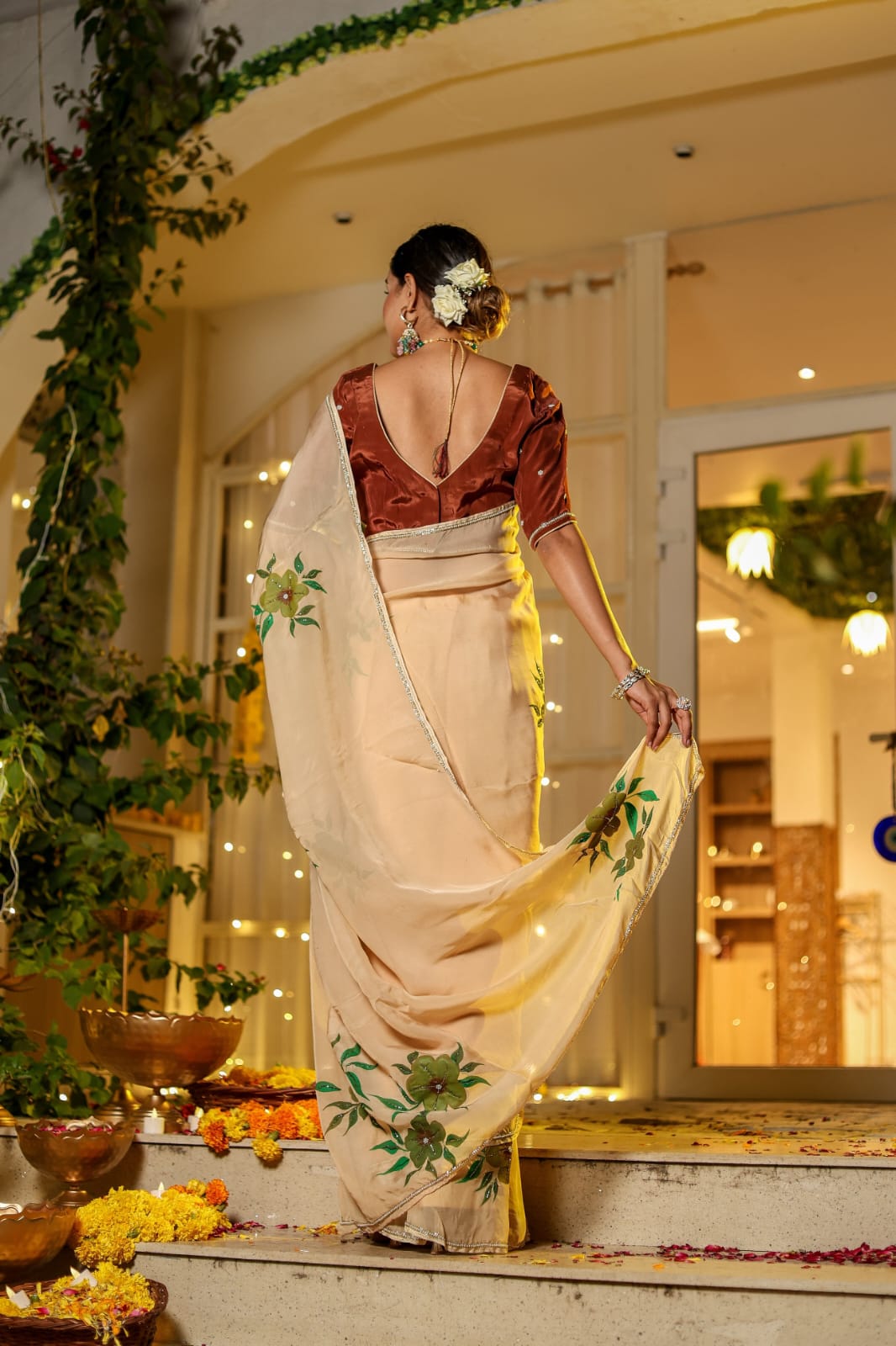 Ravishing 1-Minute Ready To Wear Beige Georgette Silk Saree
