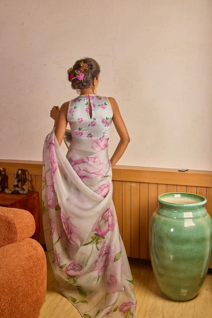 Resonant 1-Minute Ready To Wear Sky Organza Silk Saree