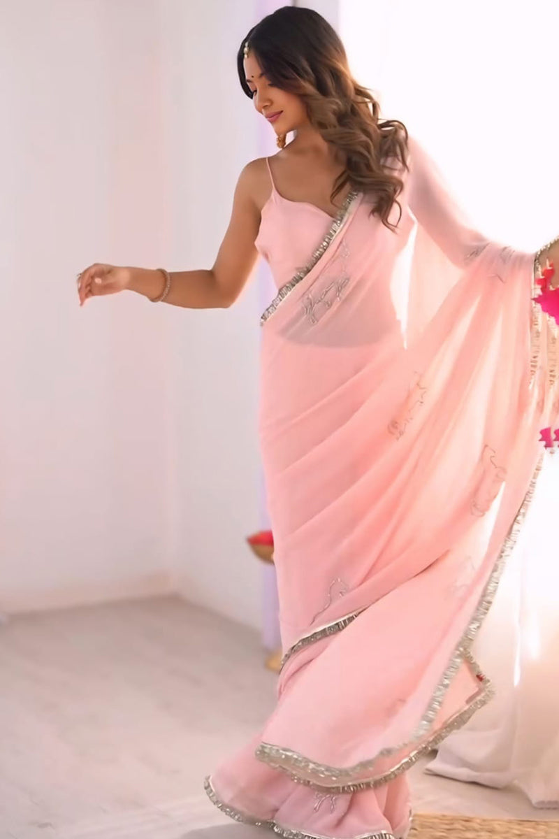 Denouement 1-Minute Ready To Wear Baby Pink Georgette Saree