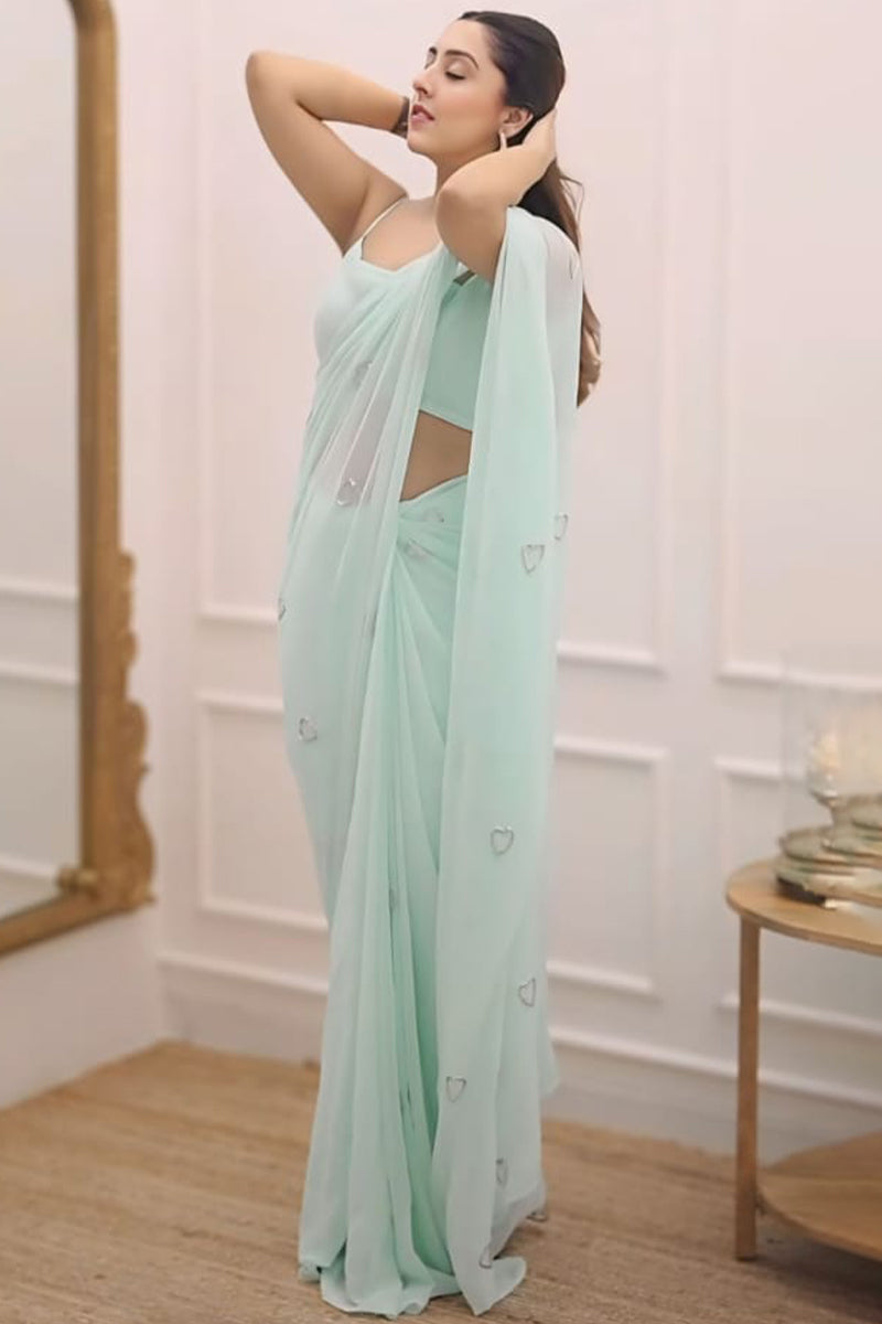 Gratifying 1-Minute Ready To Wear Turquoise Georgette Saree