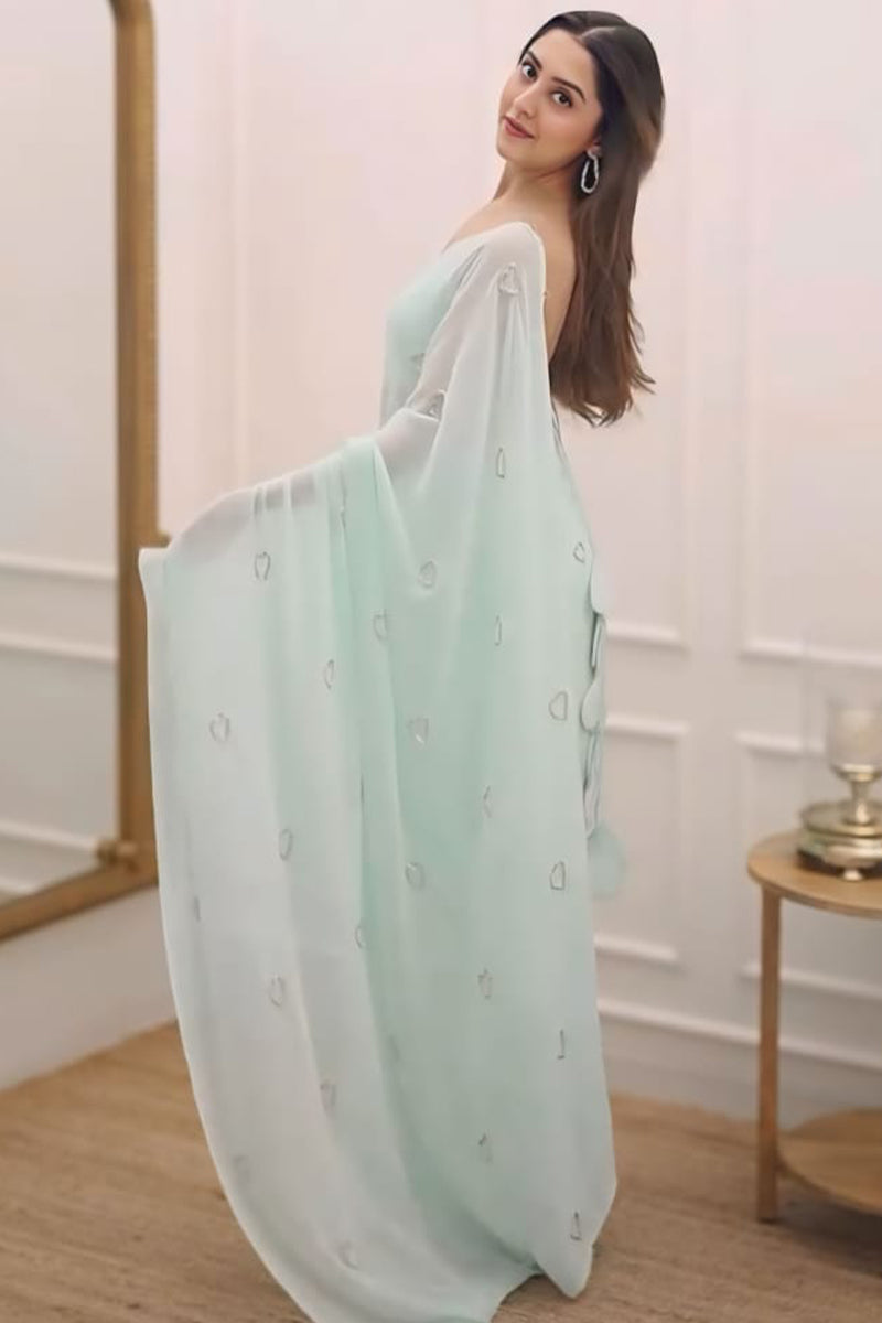 Gratifying 1-Minute Ready To Wear Turquoise Georgette Saree