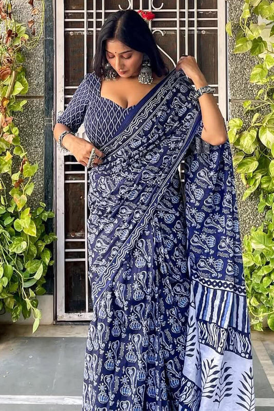 Sensational 1-Minute Ready To Wear Blue Cotton Saree