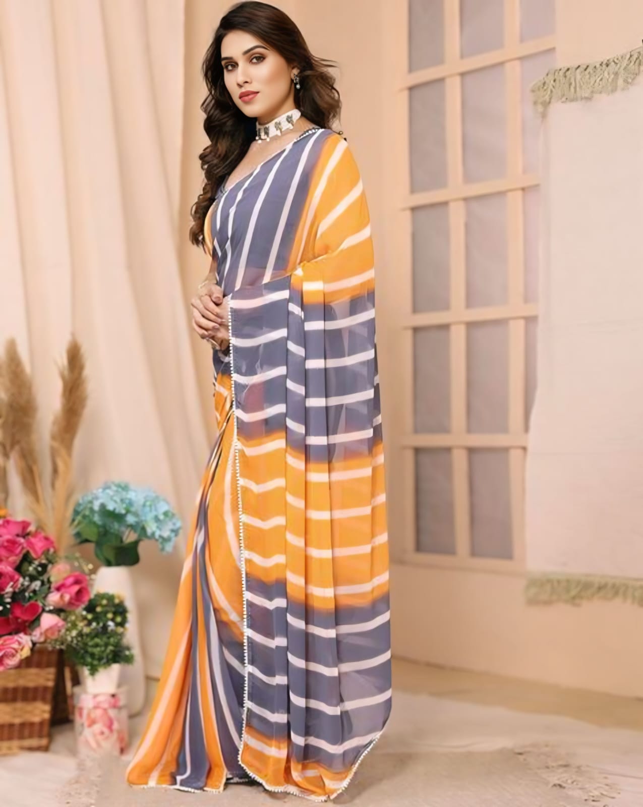 Trendy 1-Minute Ready To Wear Grey and Mustard Georgette Saree