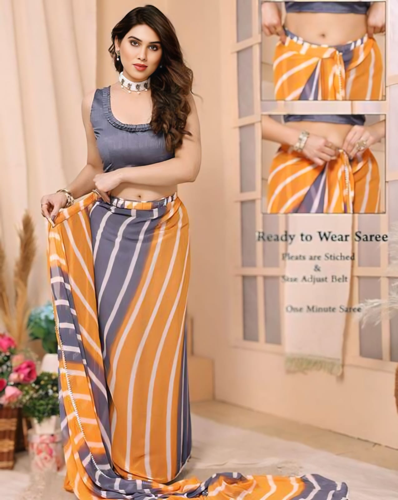 Trendy 1-Minute Ready To Wear Grey and Mustard Georgette Saree