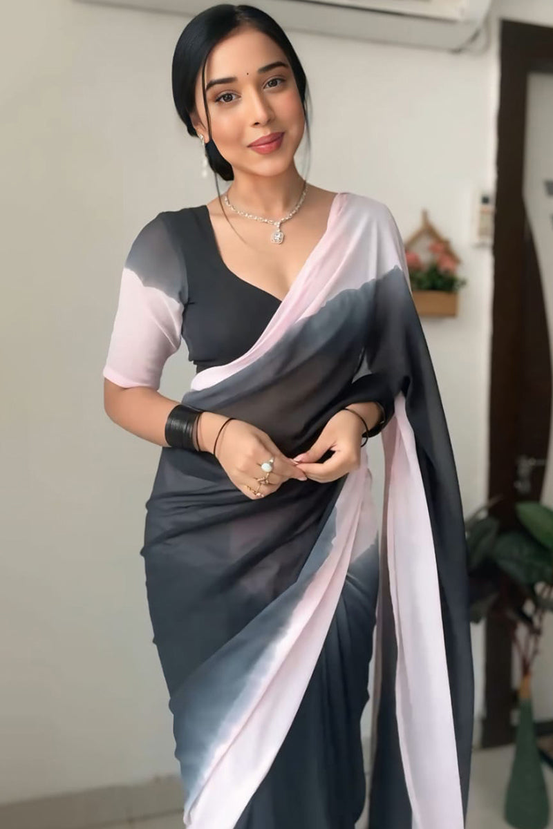 Vestigial 1-Minute Ready To Wear Black and Pink Georgette Saree