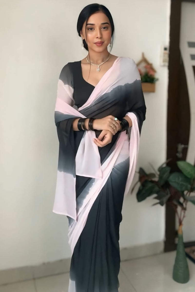 Vestigial 1-Minute Ready To Wear Black and Pink Georgette Saree