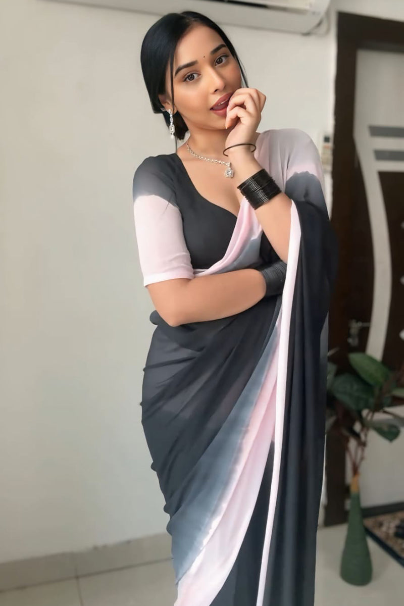 Vestigial 1-Minute Ready To Wear Black and Pink Georgette Saree