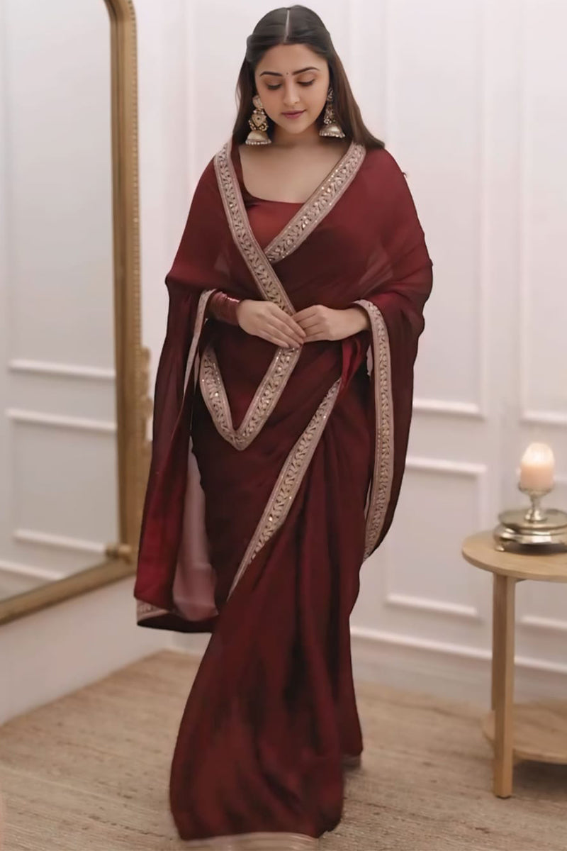 Evocative 1-Minute Ready To Wear Maroon Rangoli Silk Saree