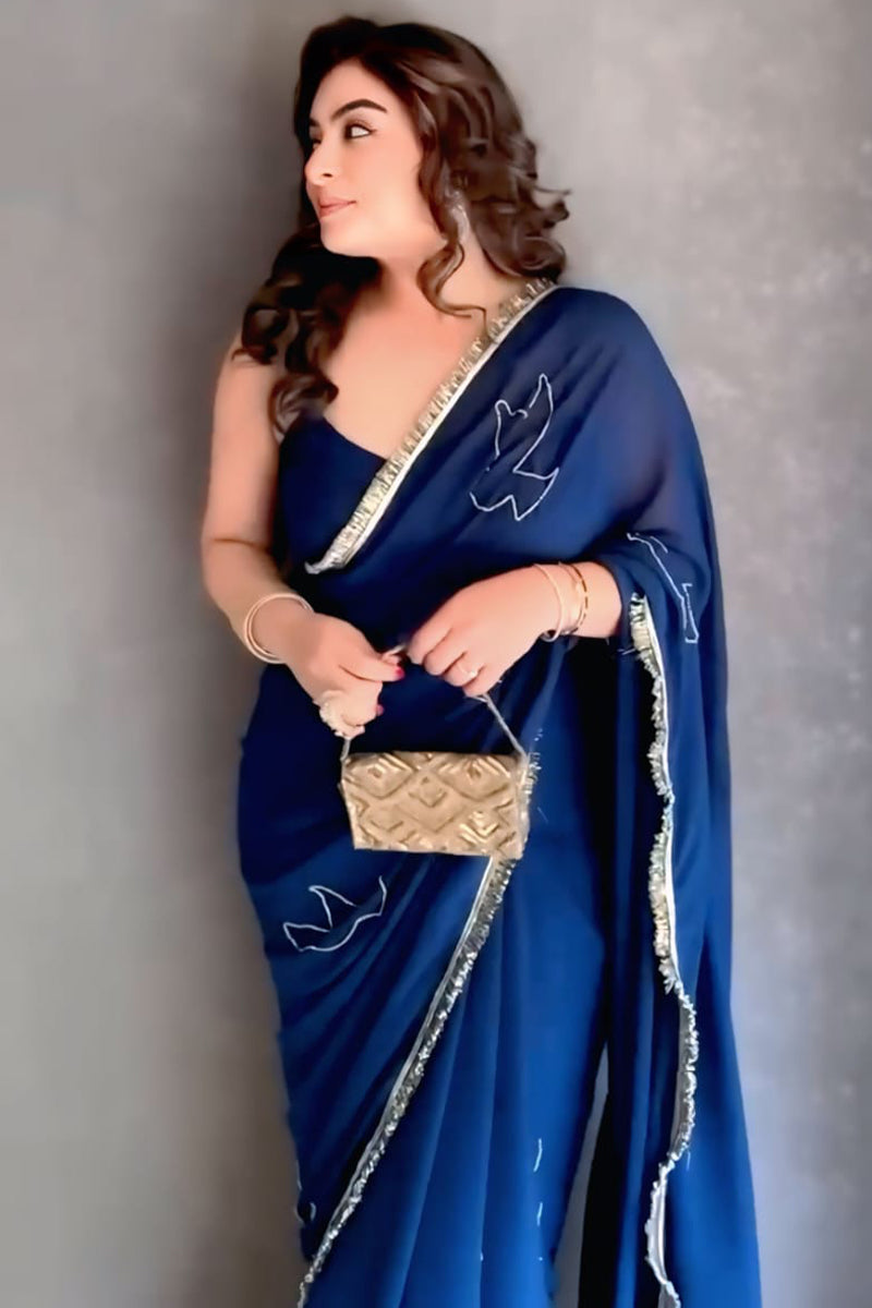 Charming 1-Minute Ready To Wear Navy Blue Georgette Saree