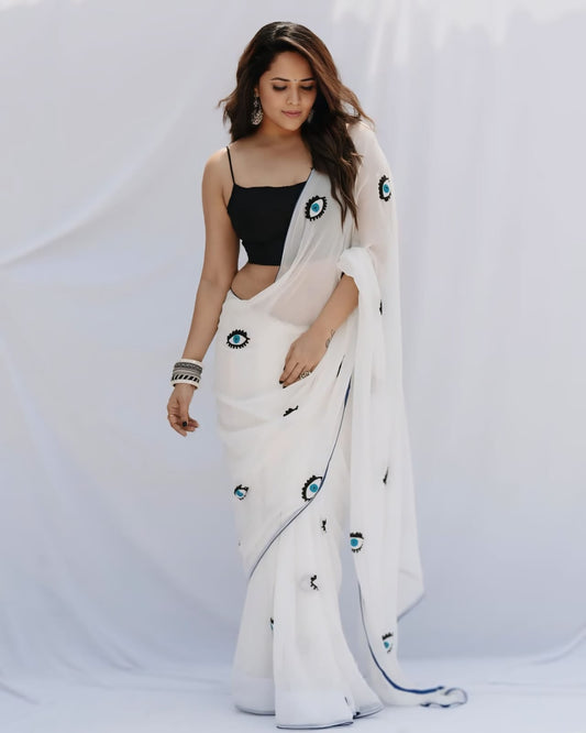 Whimsical 1-Minute Ready To Wear White Georgette Saree