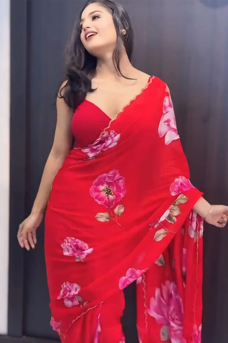 Capricious 1-Minute Ready To Wear Red Georgette Saree