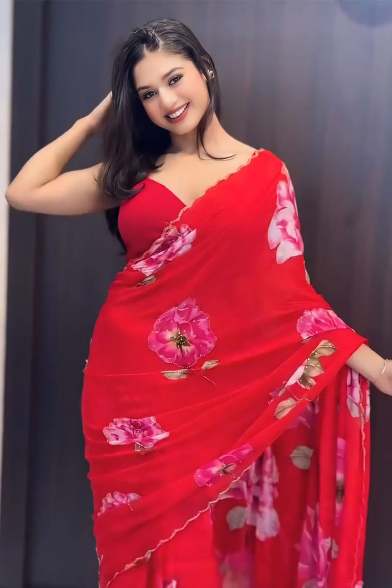 Capricious 1-Minute Ready To Wear Red Georgette Saree