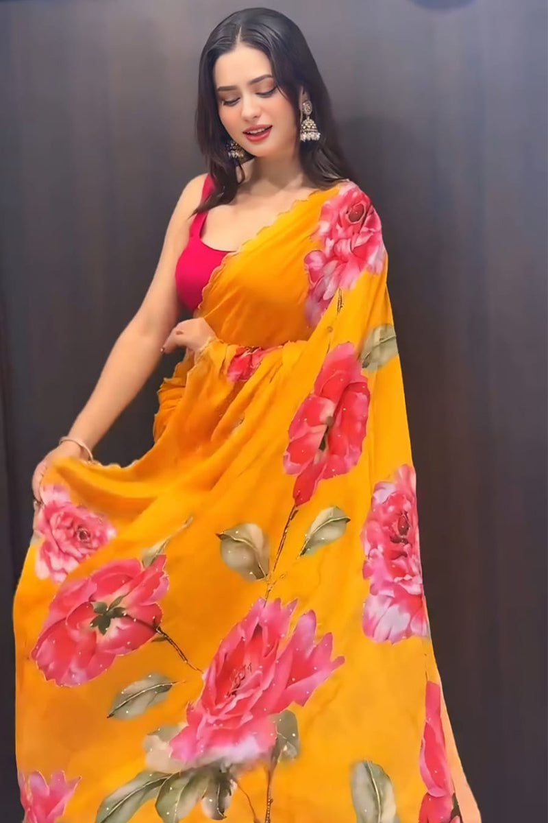 Palimpsest 1-Minute Ready To Wear Yellow Georgette Saree