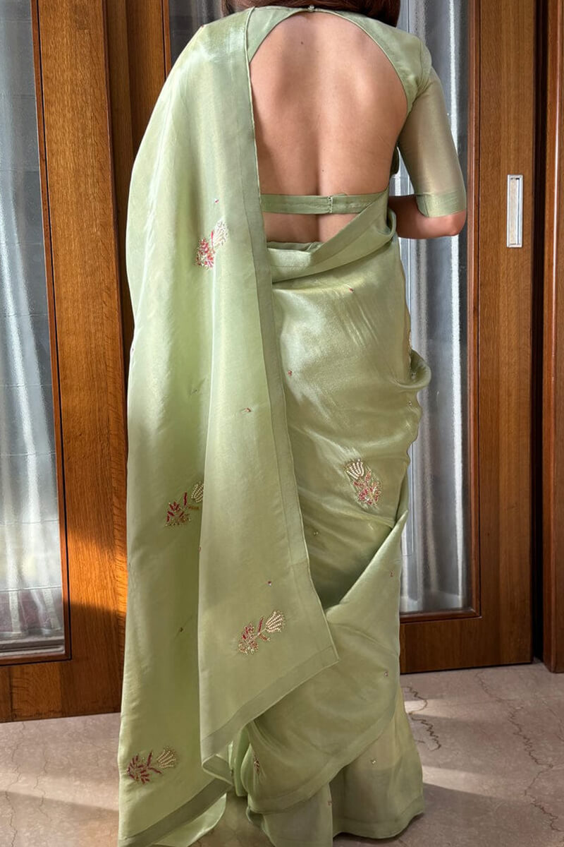 Flattering 1-Minute Ready To Wear Pista Malai Satin Silk Saree