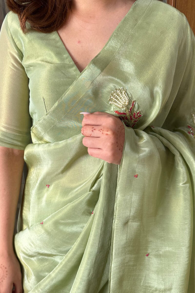 Flattering 1-Minute Ready To Wear Pista Malai Satin Silk Saree