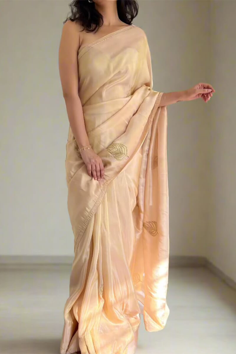 Arresting 1-Minute Ready To Wear Peach Malai Satin Silk Saree