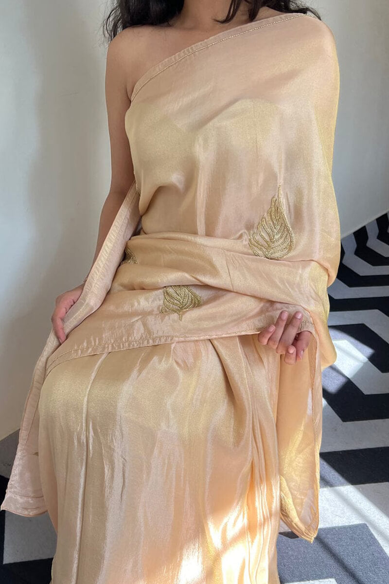 Arresting 1-Minute Ready To Wear Peach Malai Satin Silk Saree