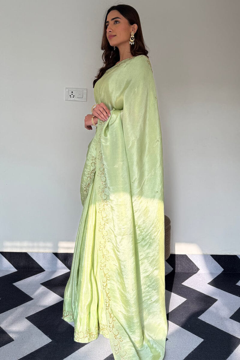 Glowing 1-Minute Ready To Wear Pista Malai Satin Silk Saree